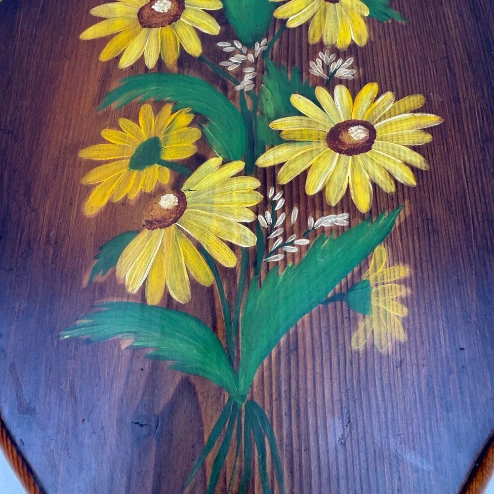 Vintage 1975 Hand Painted Yellow Daisy Floral Wood Plaque Wall Art Folk Art 16in